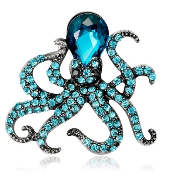 Unbranded Jewelry - Brooch Octopus Teal Blue Rhinestone Crystals Silver Tone